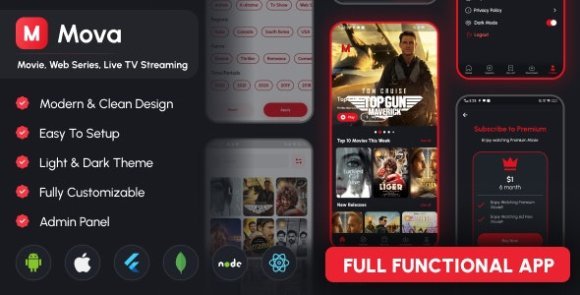 Mova Movie Web Series Live TV Streaming Flutter App Script with Admin Panel