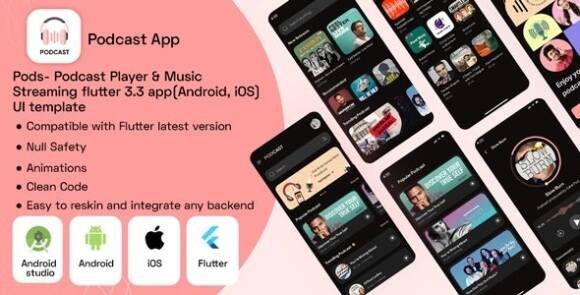 Pods Podcast Player Music Streaming Flutter App Android iOS UI Template