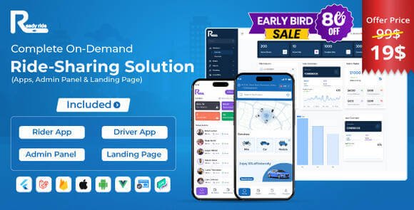 ReadyRide Complete Ride Sharing Rider Driver Mobile Apps with Web Admin